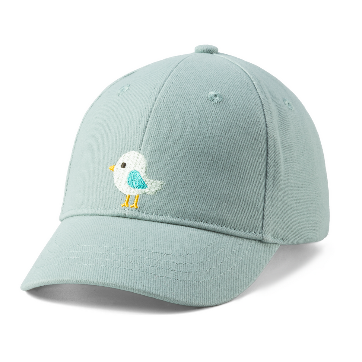 Pale blue children's baseball cap with a small embroidered bird patch and curved brim