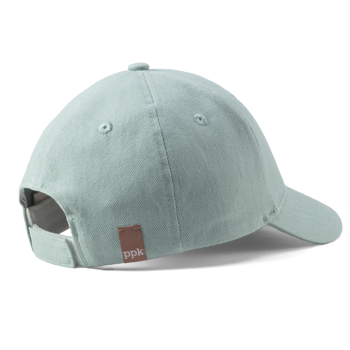 Back view of pale blue children's baseball cap with adjustable strap and small side label