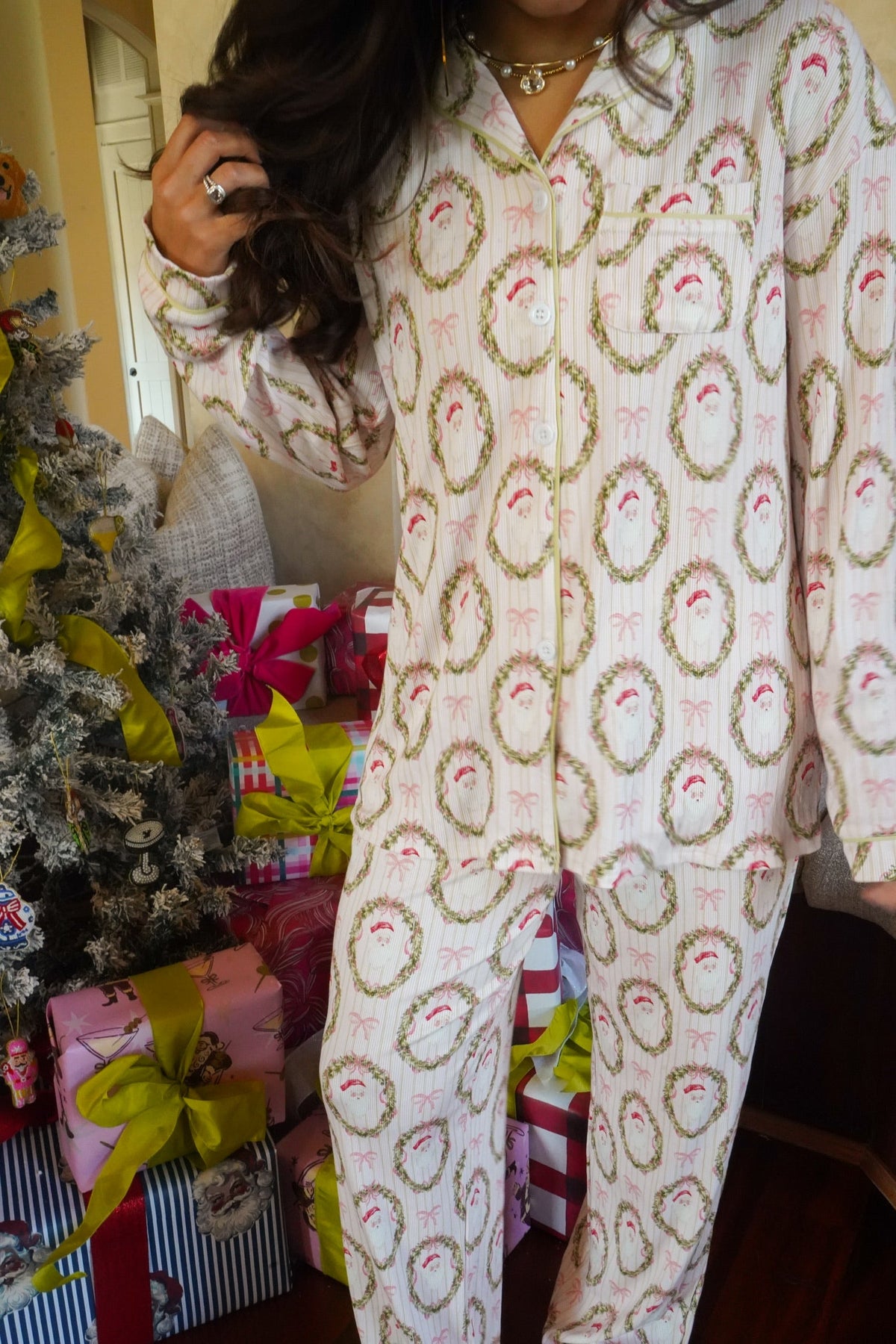 Long-sleeve button-front pajama set with all-over circular print and long pants