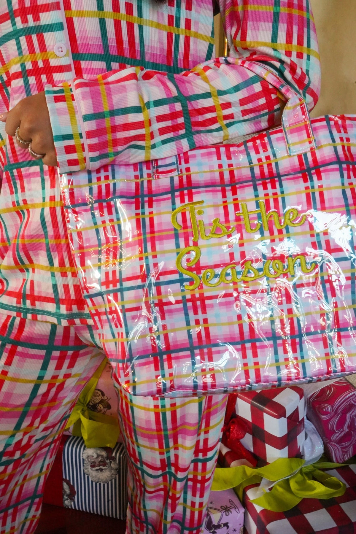 Long-sleeve pajama set in multicolor plaid with button front and matching pants