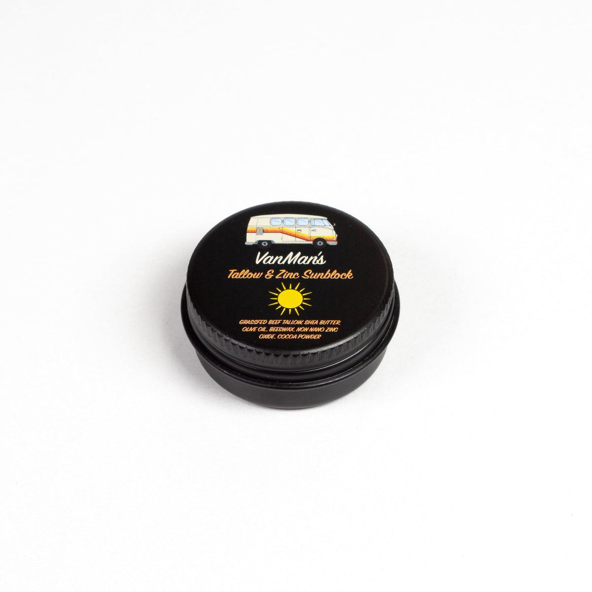 Round sunblock tin with black lid labeled “Tallow & Zinc Sunblock”