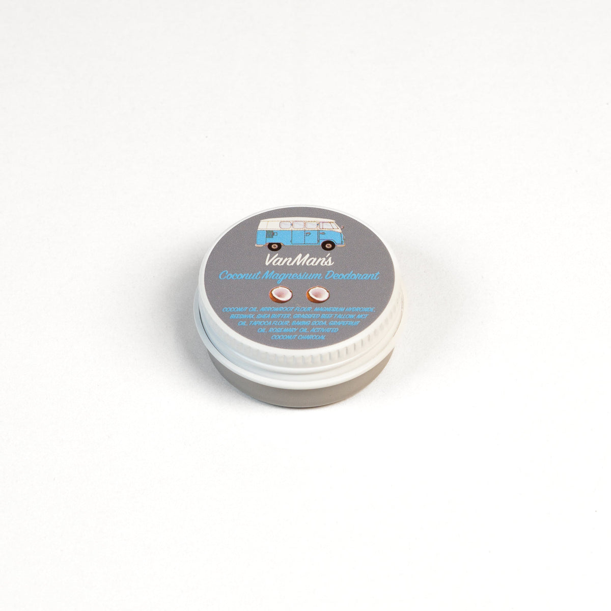 Round deodorant tin with light gray lid labeled “Vanilla Magnesium Deodorant”