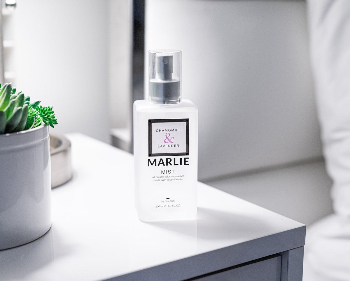 Marlie pet odor eliminator spray with Chamomile & Lavender label, pump bottle