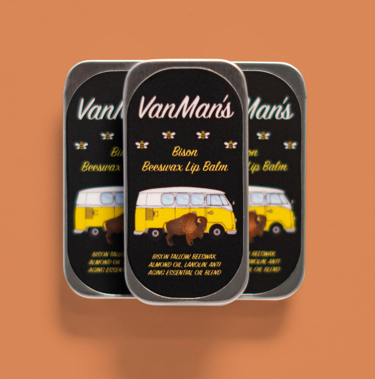 VanMan's Bison beeswax lip balm tin set of three containers