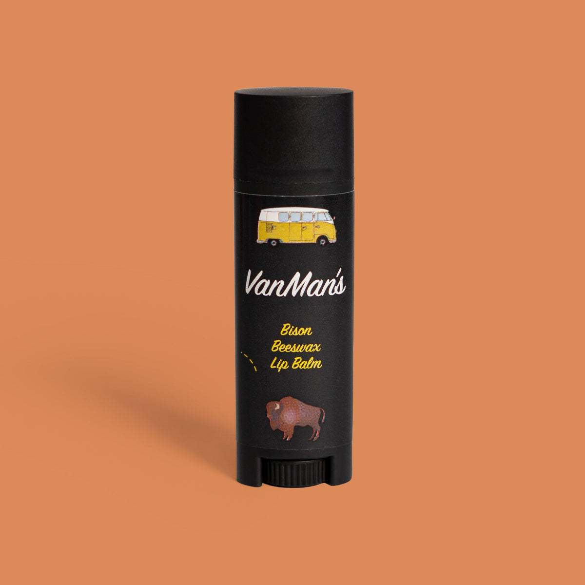 VanMan's Bison beeswax lip balm tube in black container