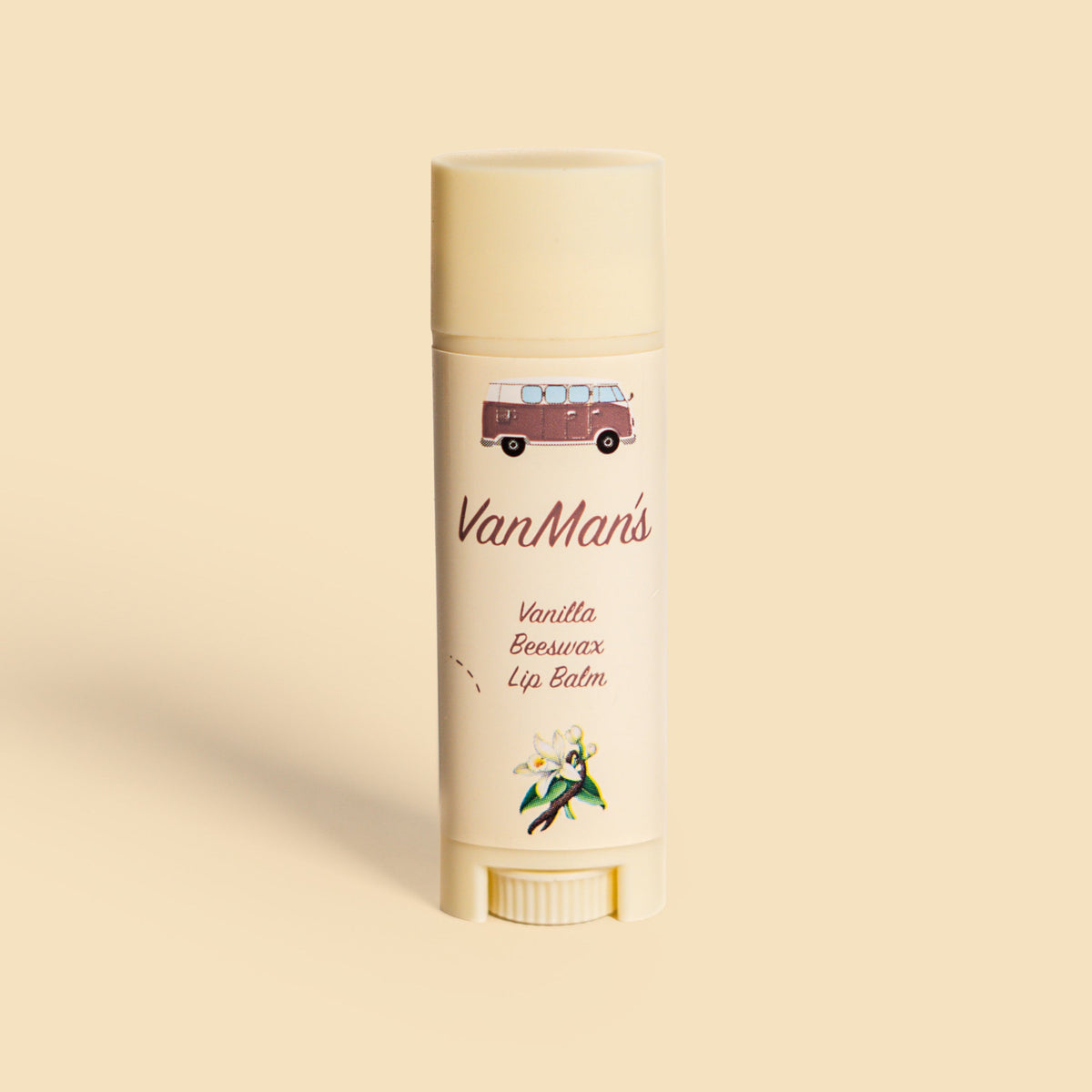 VanMan's Vanilla beeswax lip balm tube in light beige container