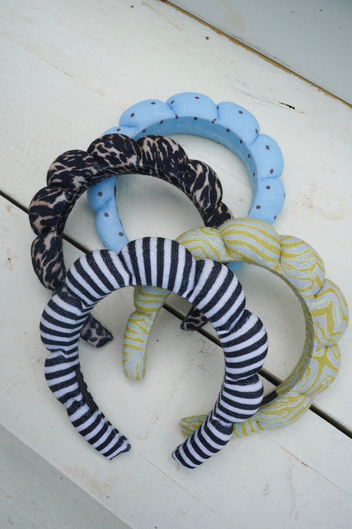 Plush braided headband set with blue scallop, black leopard, and yellow-striped accent