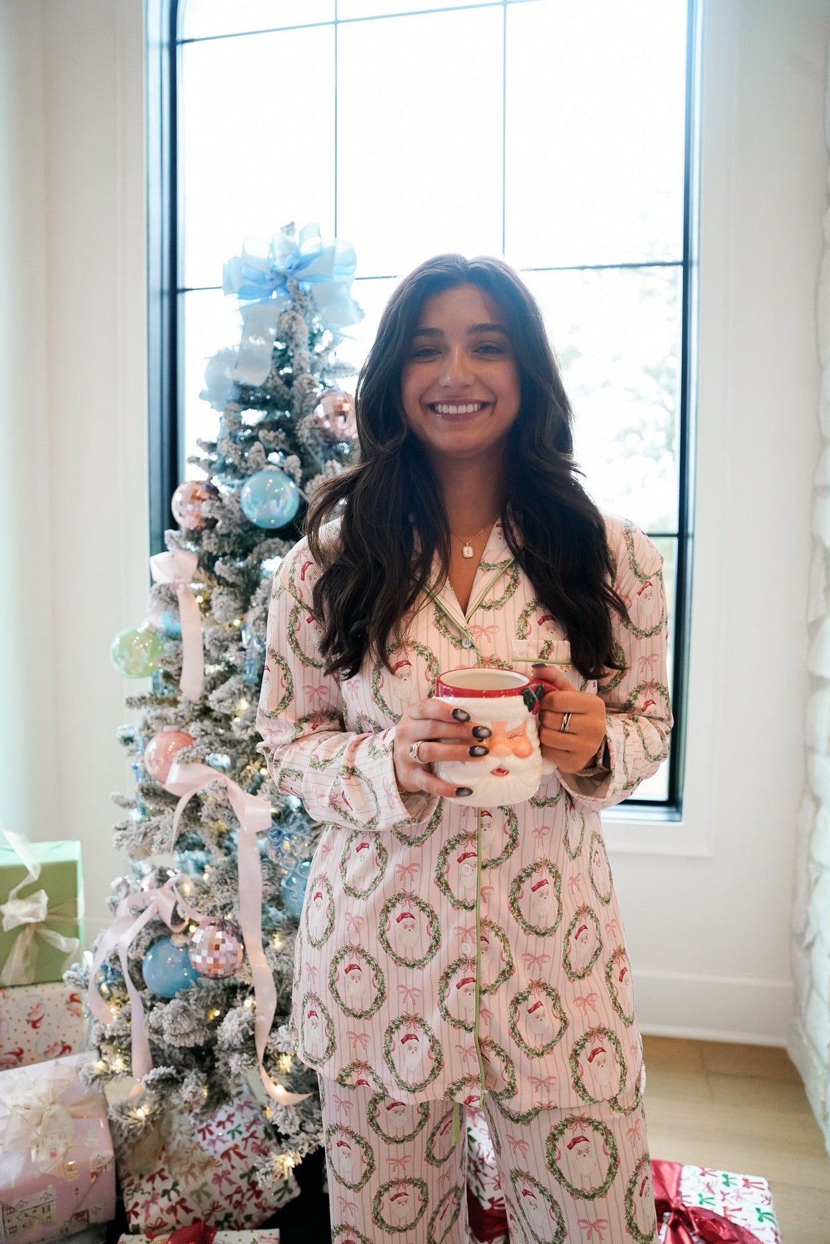Pink patterned hooded pajama top and pants set with button-front detail