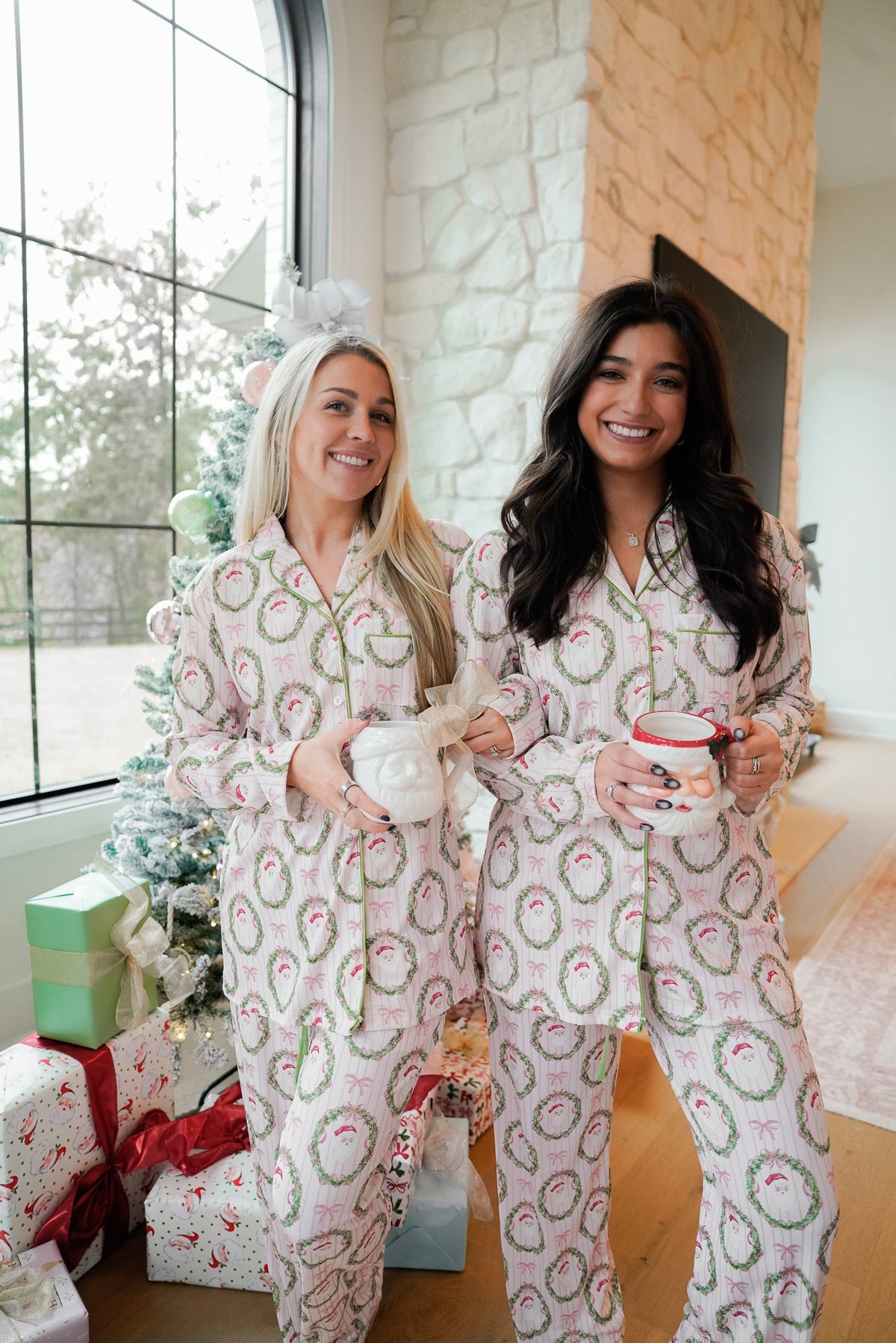 Pink patterned ribbed long pajama set with hooded top and matching long pants, standing