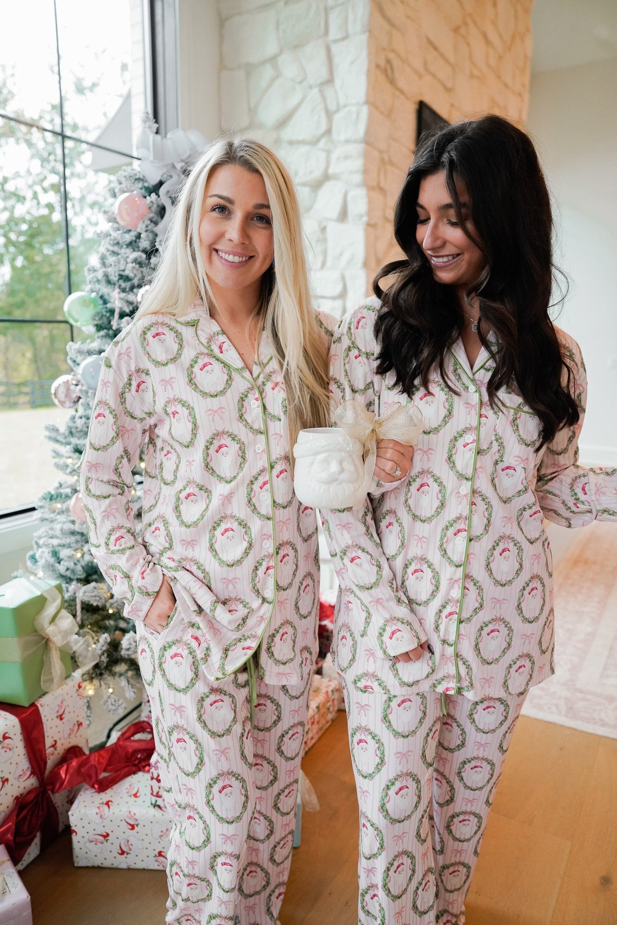 Pink patterned ribbed long pajama set with hooded button-front top and matching pants
