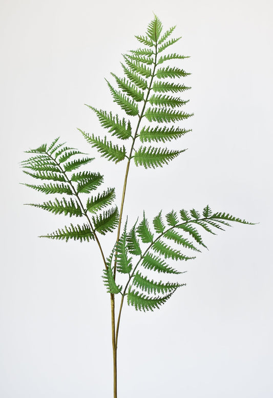 Faux forest fern spray with three green fern fronds on a long stem