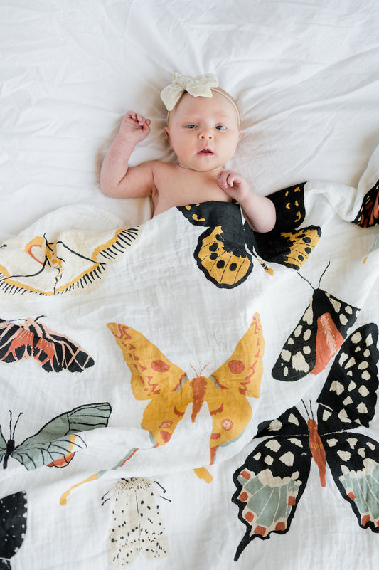 Butterfly swaddle blanket on infant, white with orange and black moth and butterfly pattern