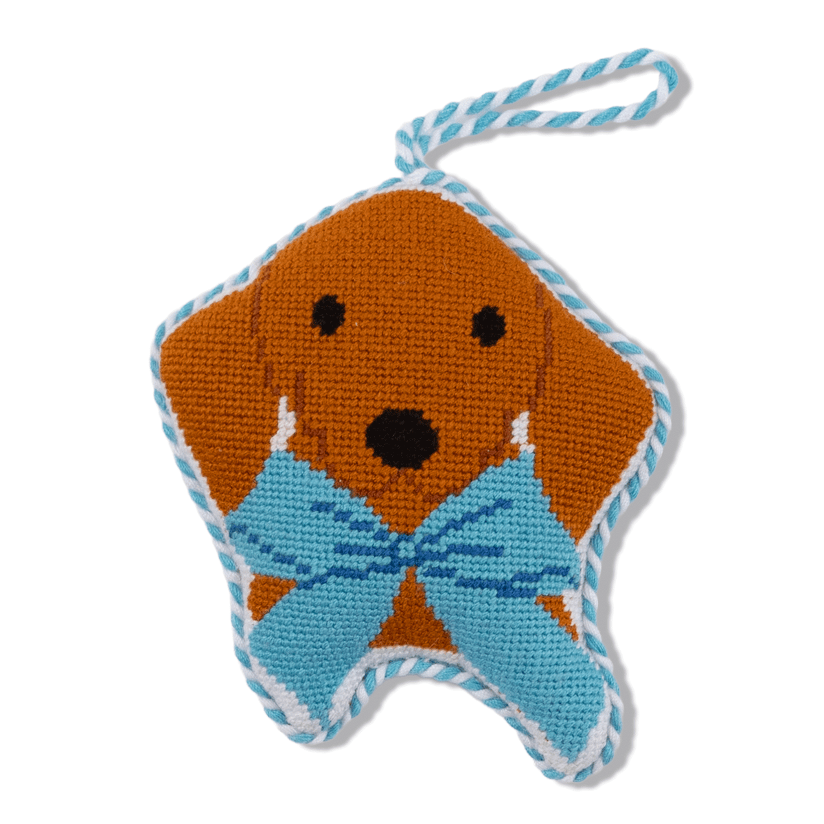 Needlepoint dachshund icon ornament with hanging loop, orange and blue woven dog face on star