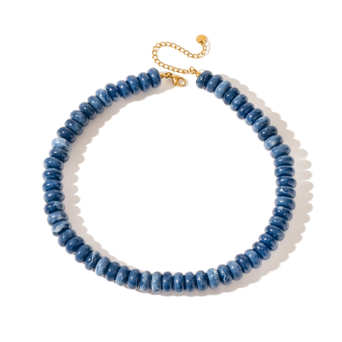 Blue donut-bead necklace with gold-tone lobster clasp