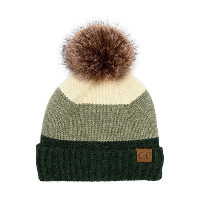 Color block knit beanie with pom, cream and olive stripe, ribbed dark green cuff