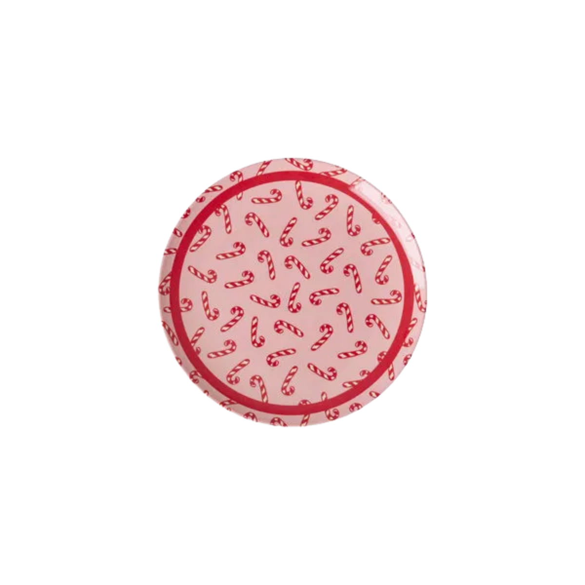 Small round melamine cake plate with red candy cane print