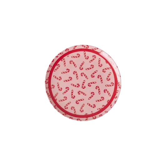 Small round melamine cake plate with red candy cane print