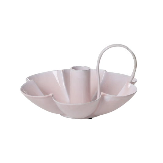 Soft pink metal flower candle holder with central cup and curved handle