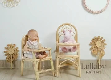 Rattan doll high chairs with dolls seated in them