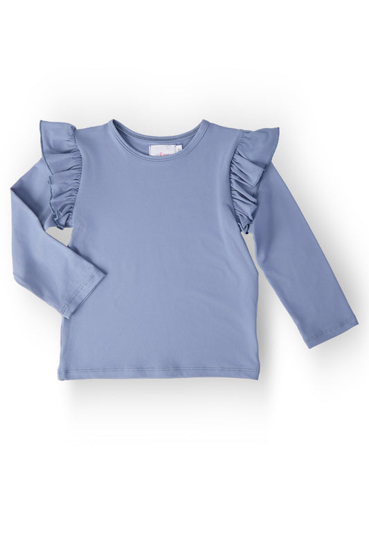 Dusty blue long-sleeve ruffle tee with crew neck and gathered shoulder ruffles