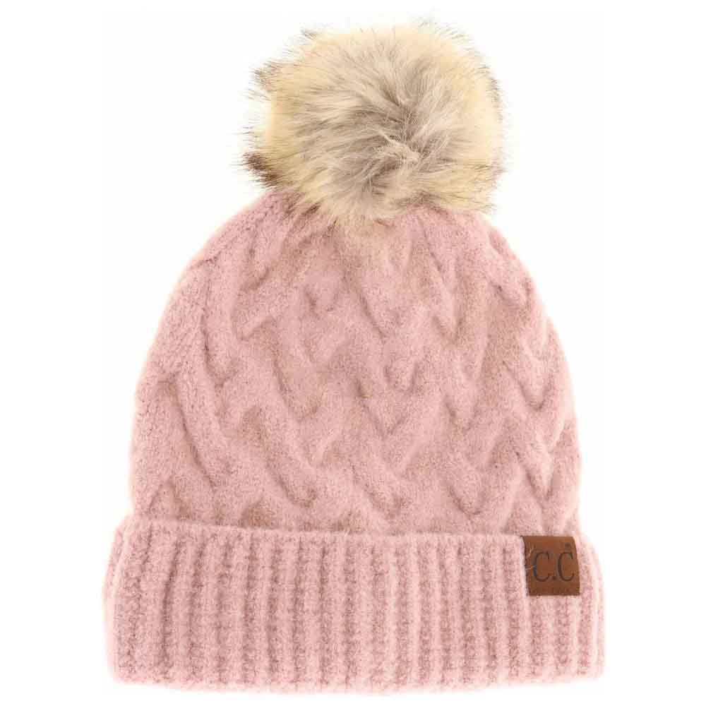 Chunky cable knit beanie with faux fur pom-pom, dusty rose, ribbed cuff and C.C. patch