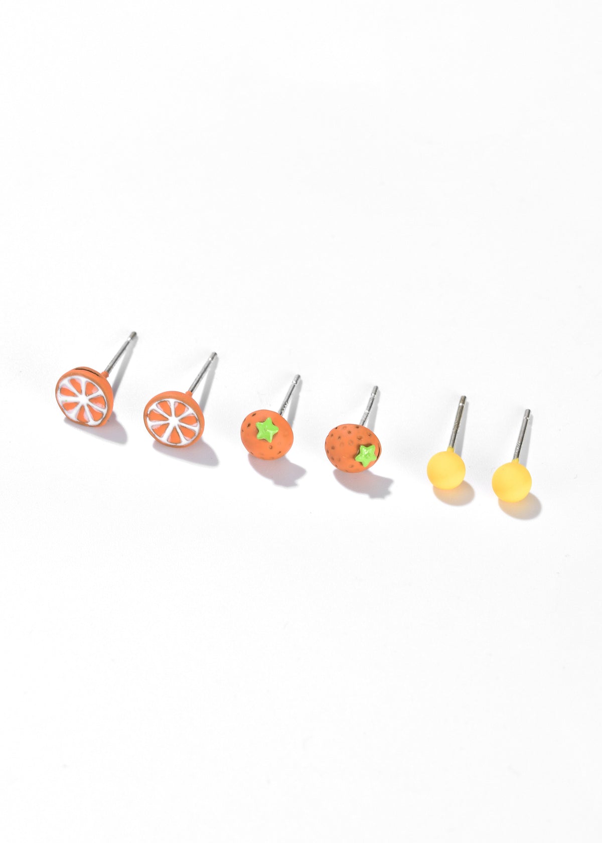 Stud fruit earrings with orange slice, strawberry, and yellow fruit designs