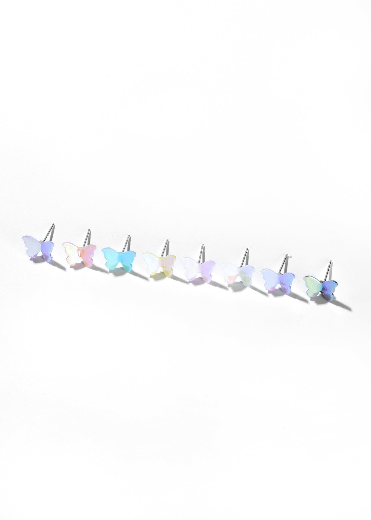Butterfly stud earrings with translucent pastel wings and silver-tone posts.