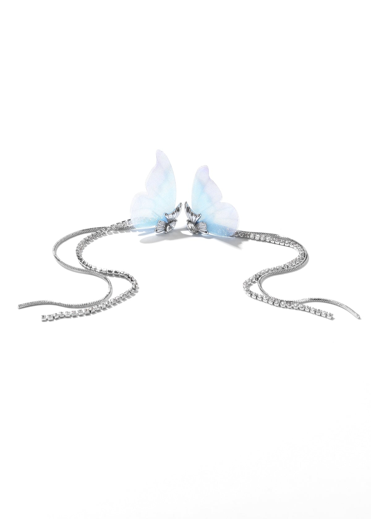 Butterfly chain earrings with pale blue wings and long silver-tone chains
