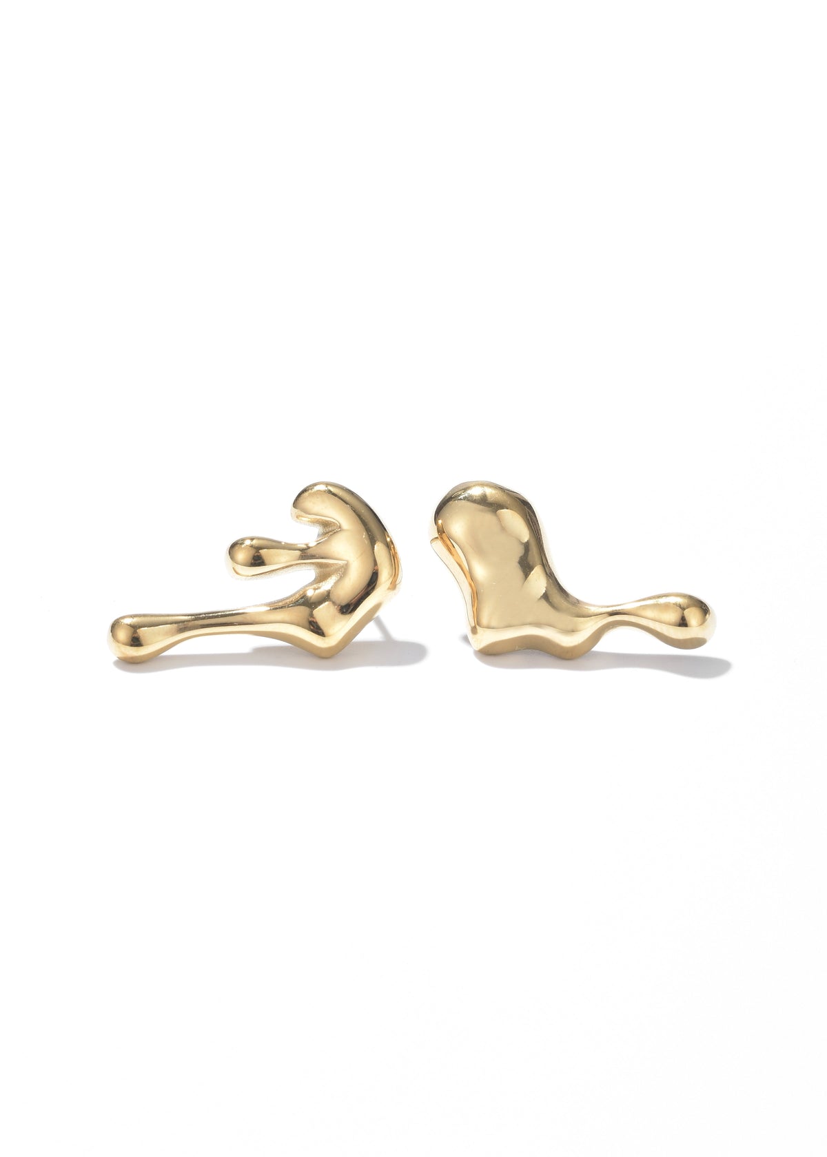 Pair of gold liquid-style earrings with flowing, sculptural shapes.