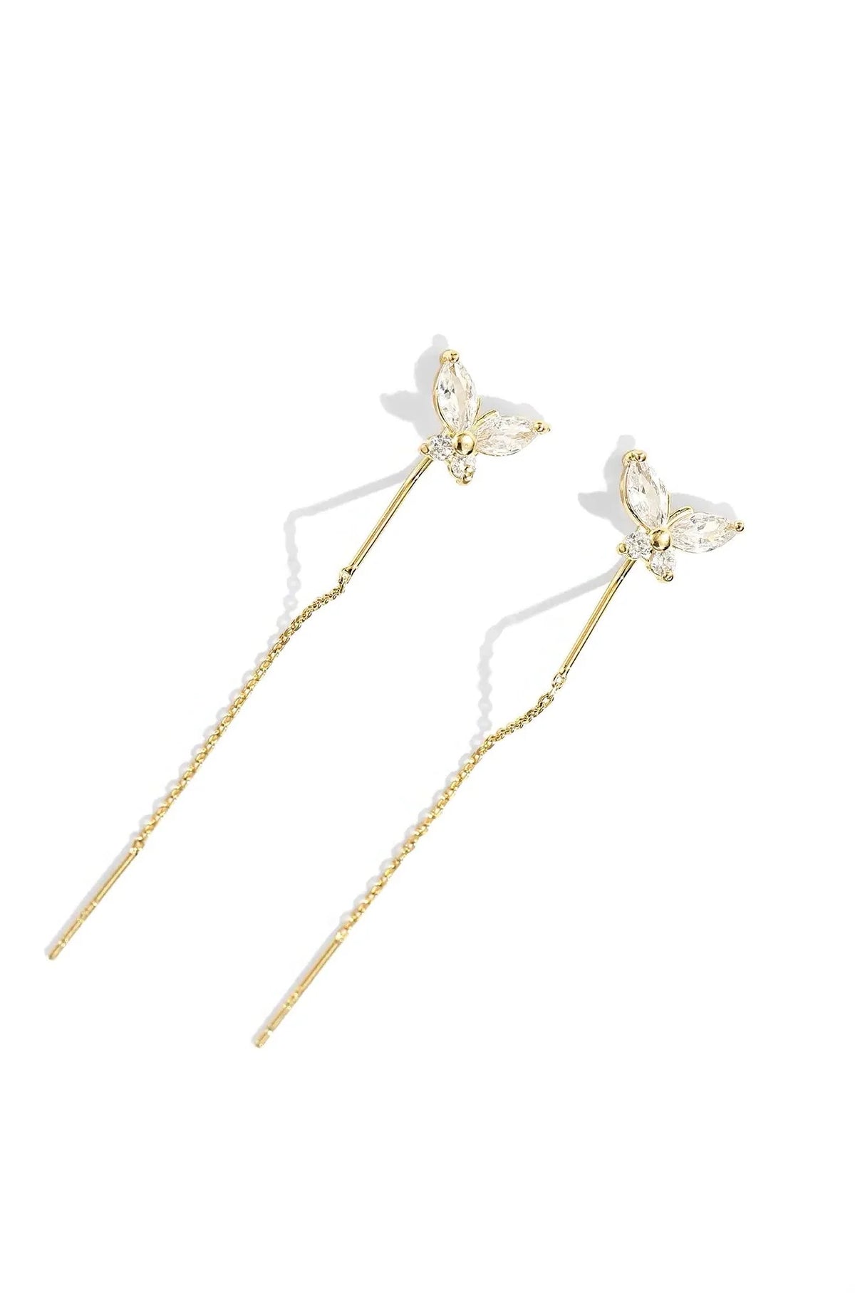 Gold butterfly drop earrings with crystal wings and long, slim chain drops
