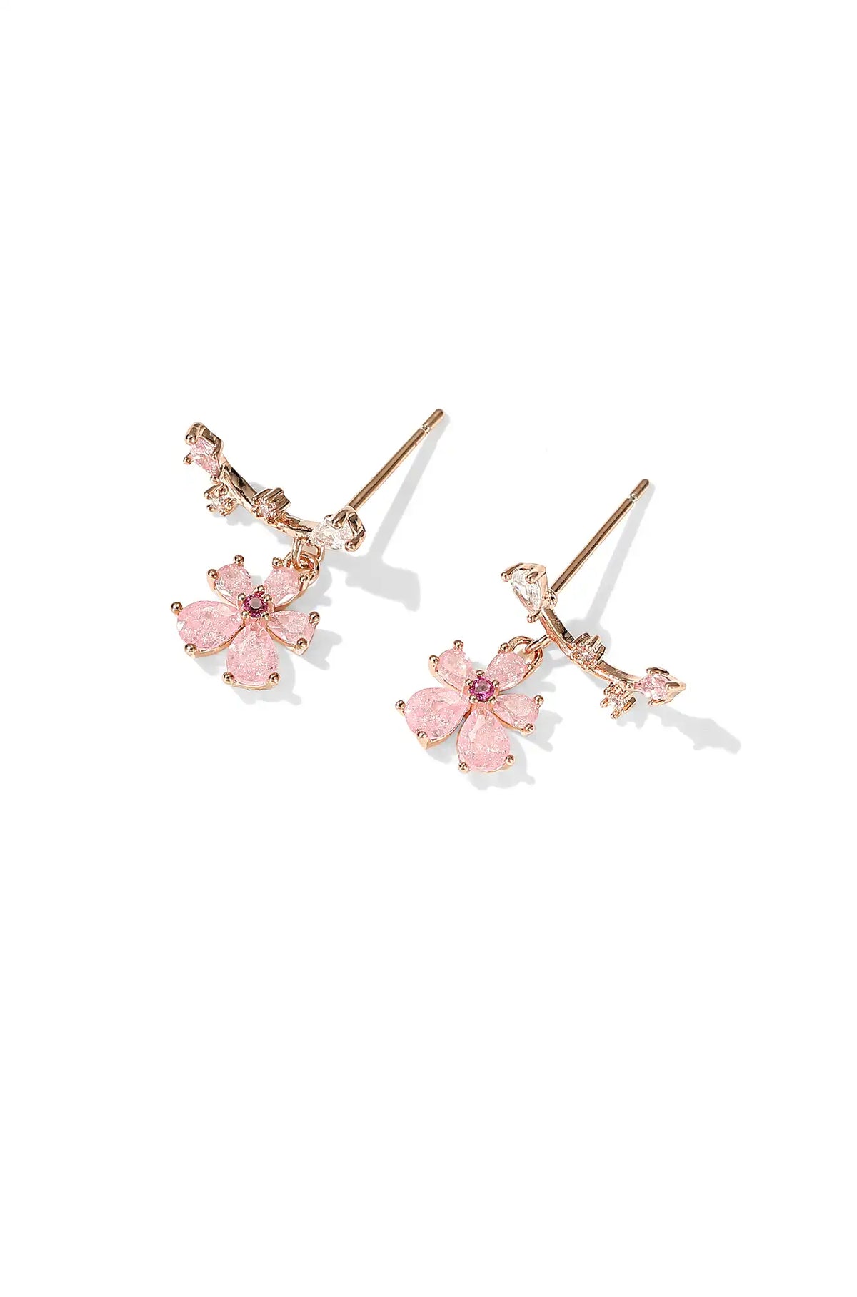 Pink flower drop earrings with rose gold-tone stems and sparkling stone accents