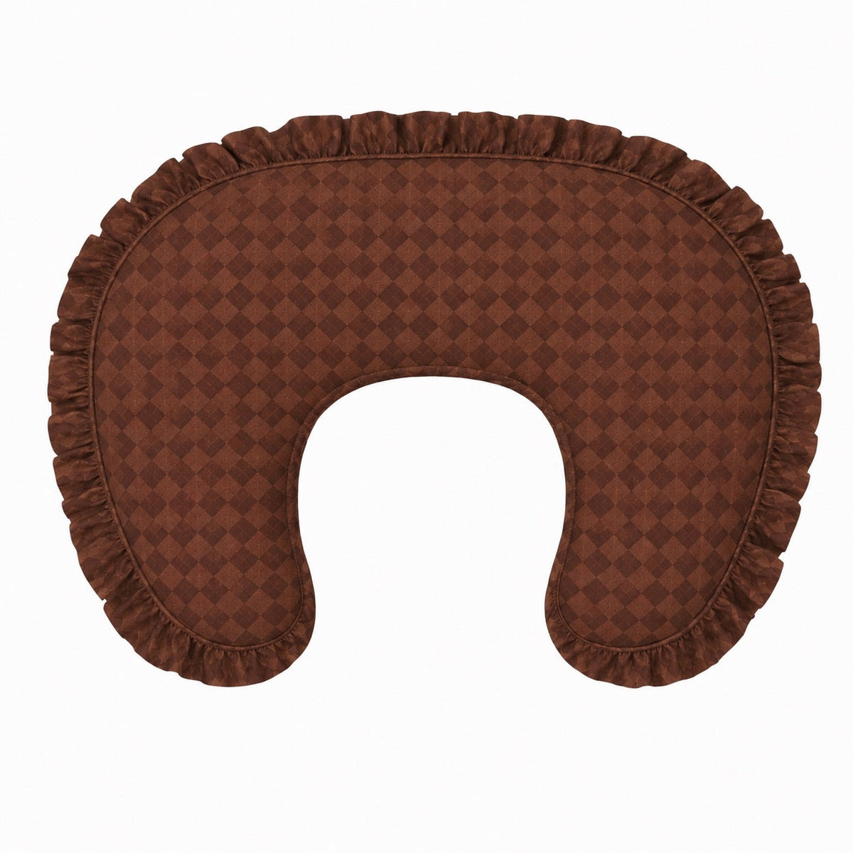 Back of brown diamond-check nursing pillow cover with ruffled edge and seam