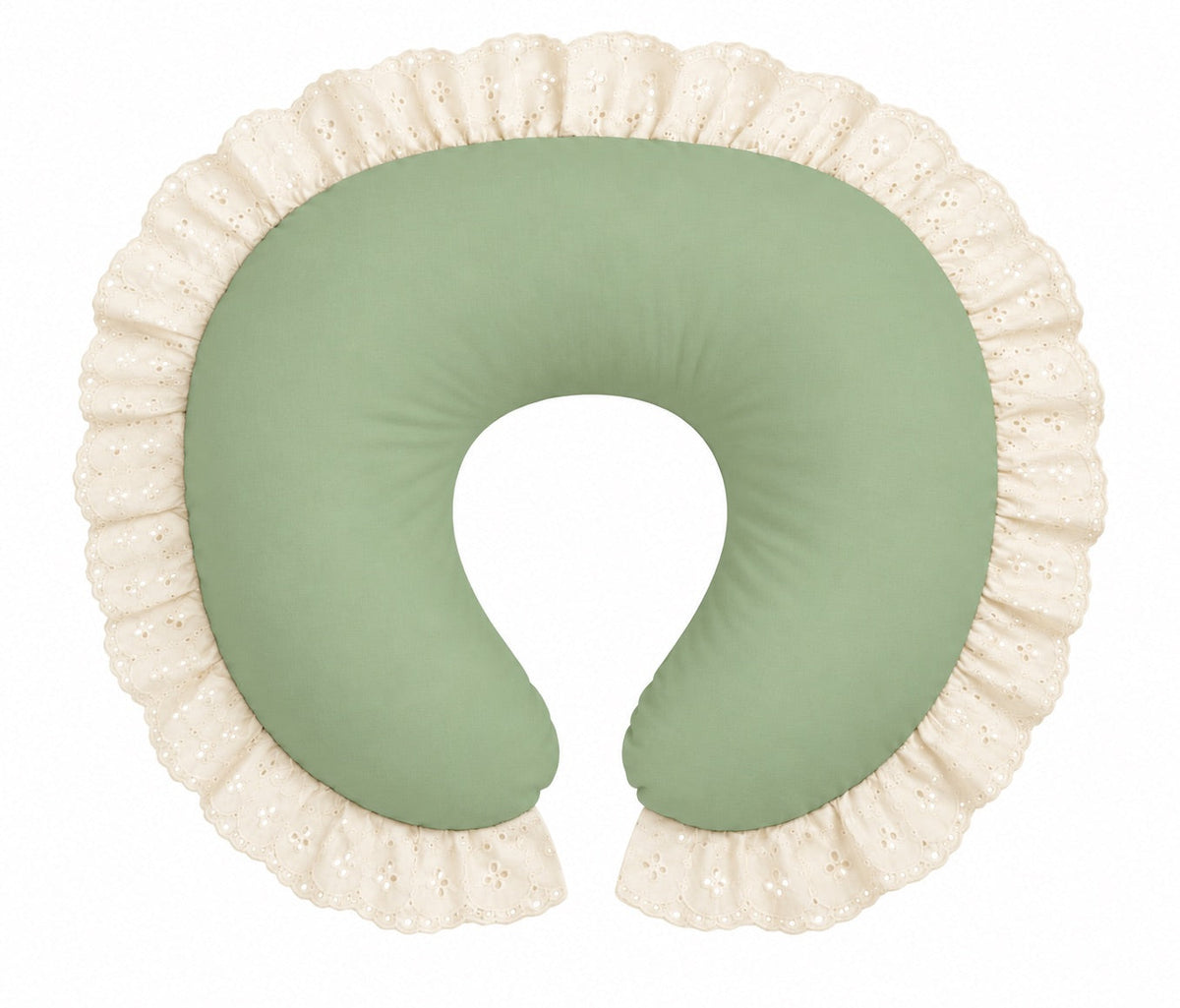 Nursing pillow cover in sage green with ivory eyelet lace ruffle