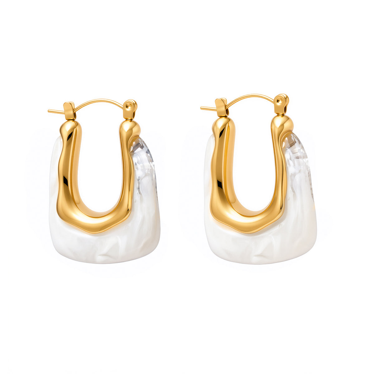 Gold-tone resin hoop earrings with white inner drop, front view on white background