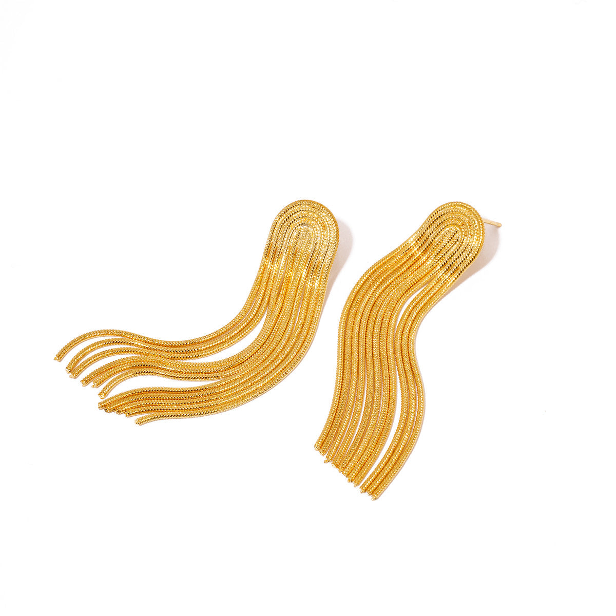 Gold chain tassel stud earrings with arched ribbon-like strands