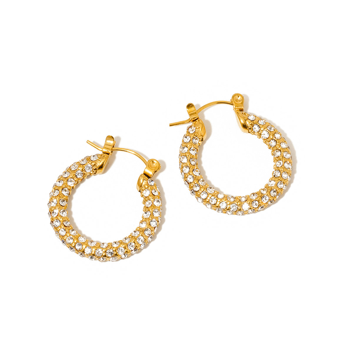 Gold pavé hoop earrings with hinged closures