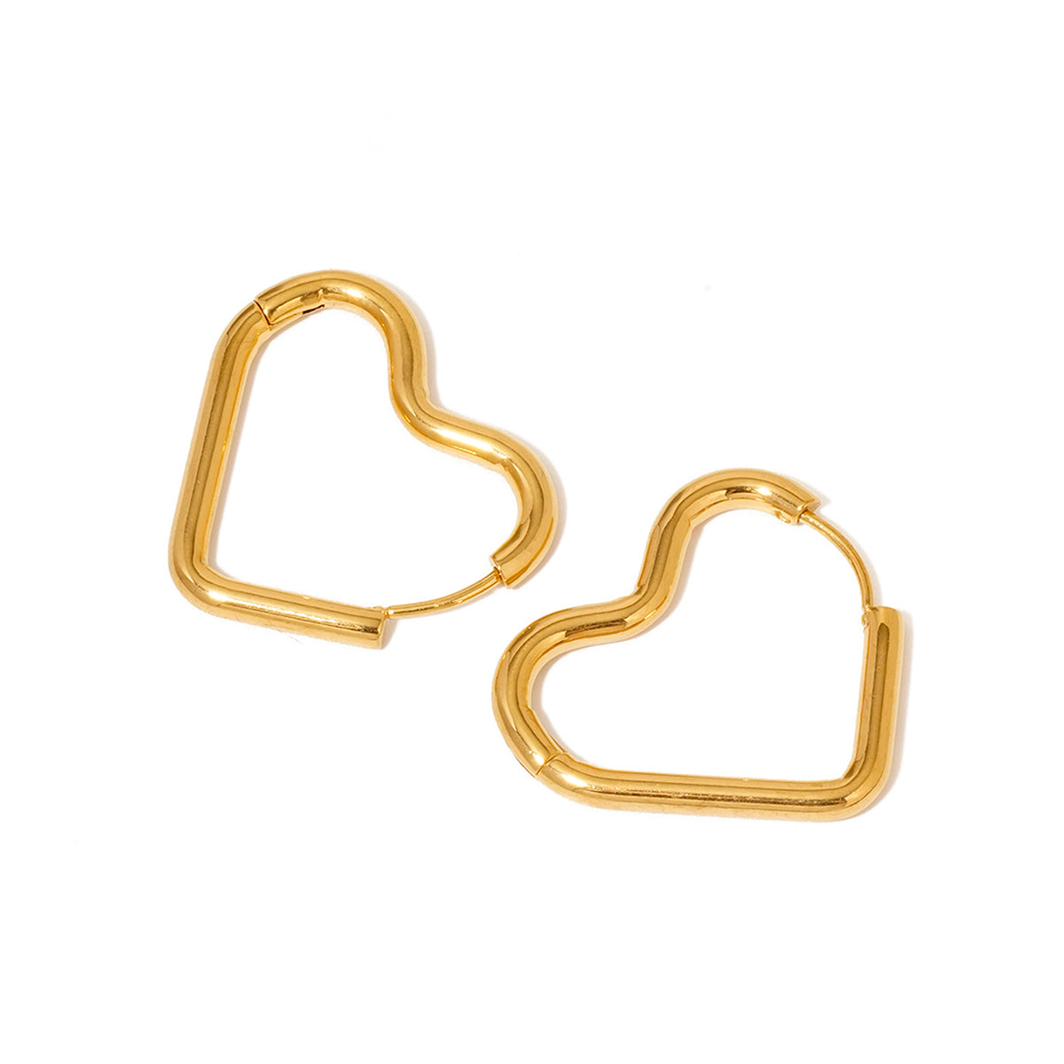 Gold-tone open heart hoop earrings, two earrings shown on a plain background.