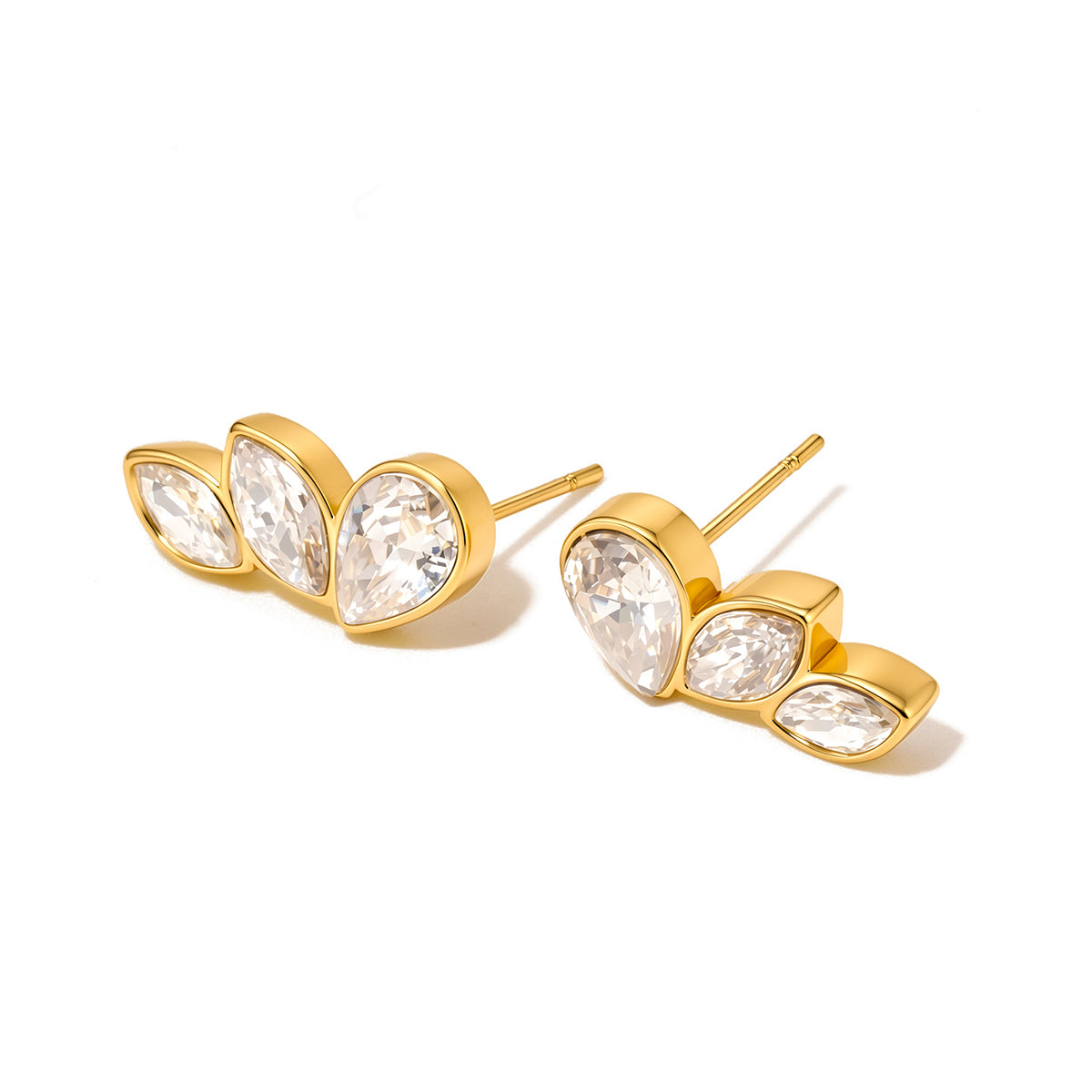 Gold-tone angel wing earrings with four clear faceted stones