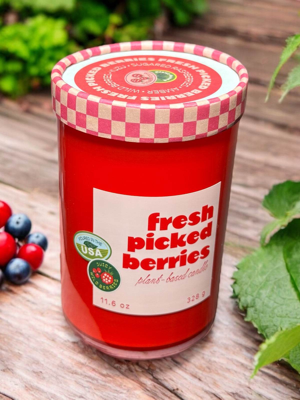 Fresh Picked Berries glass candle in red jar with checkered lid and front label.