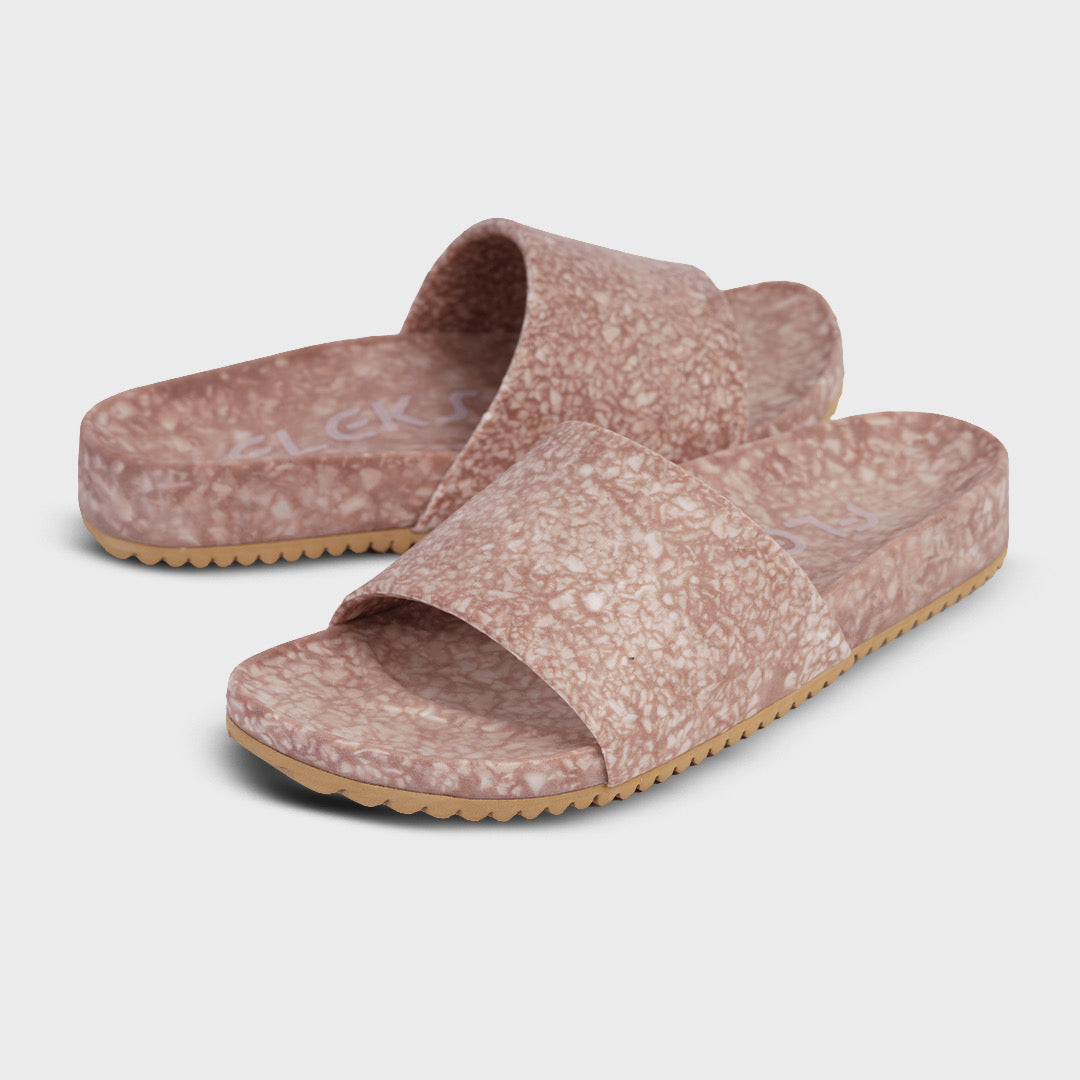 Blushed speckled slide sandals with wide cross straps and cushioned footbed