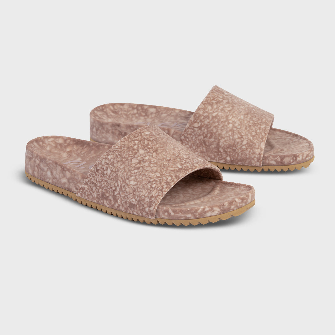 Blushed speckled slide sandals, front view pair with wide open-toe straps