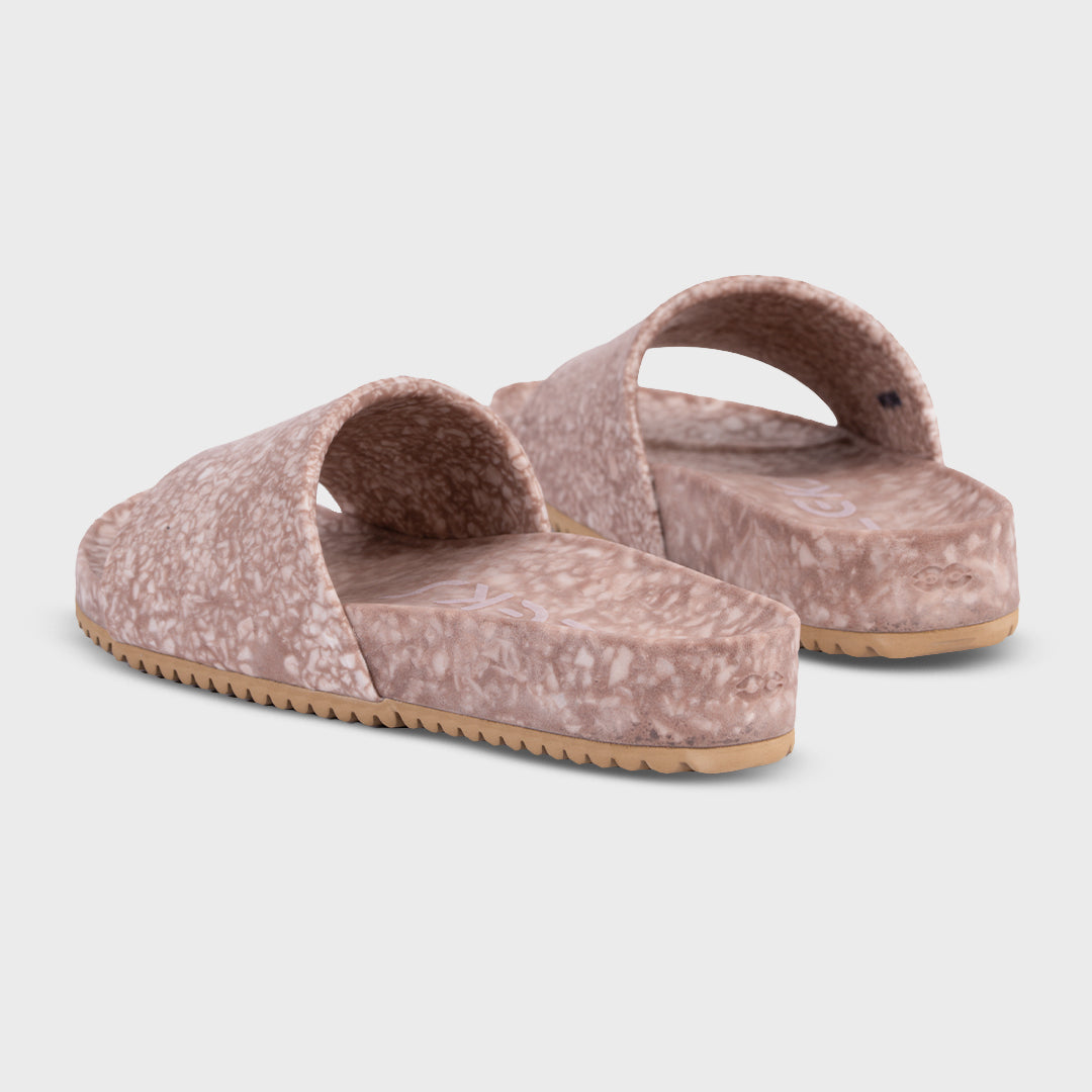 Blushed speckled slide sandals, back view pair showing heel strap and sole
