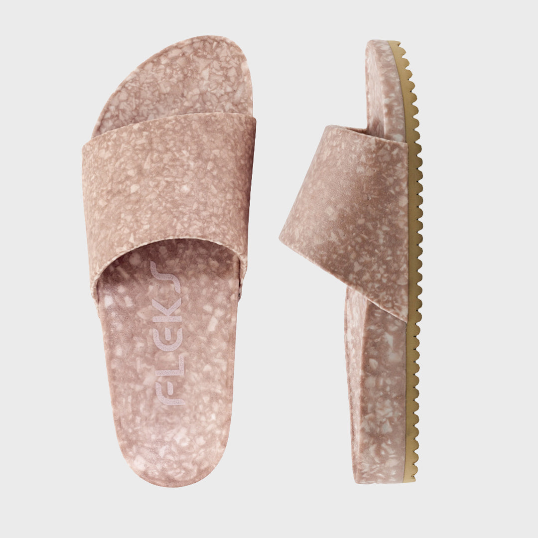 Blushed speckled slide sandals, side and outsole view with wide strap