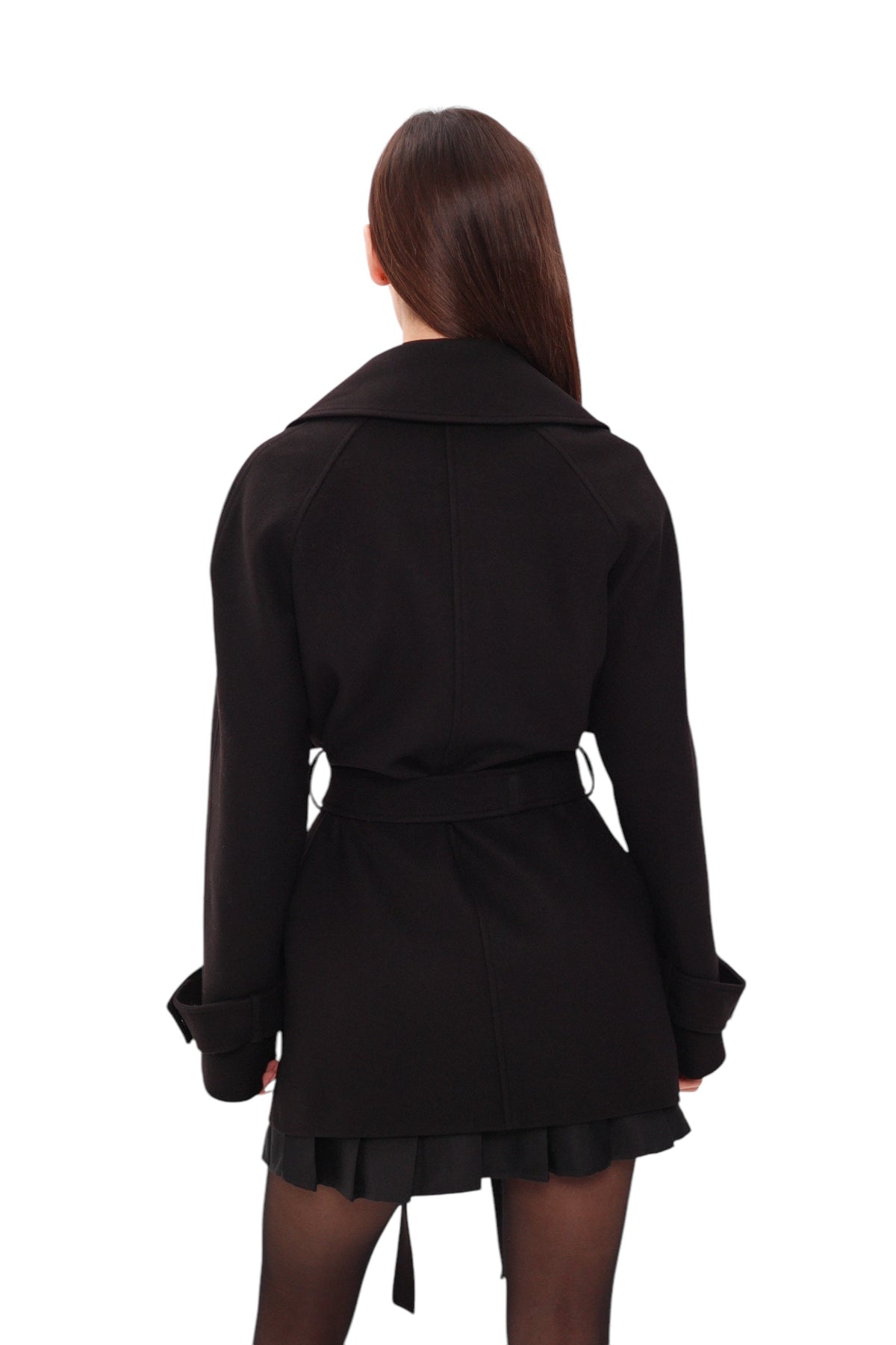 Back view of black belted midi coat with wide collar and cuff straps