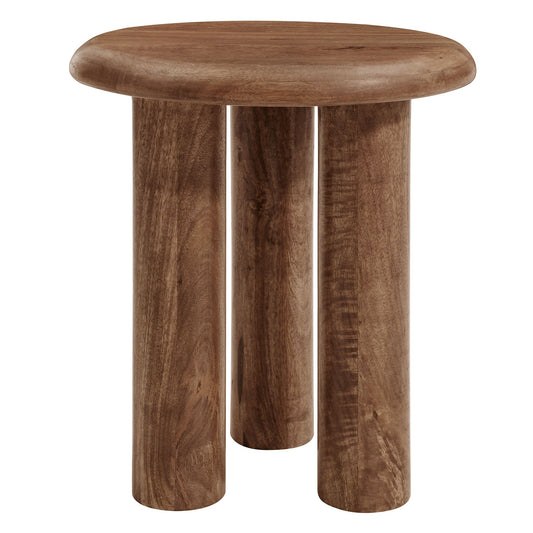 Walnut mango wood side table with a round top and three cylindrical legs