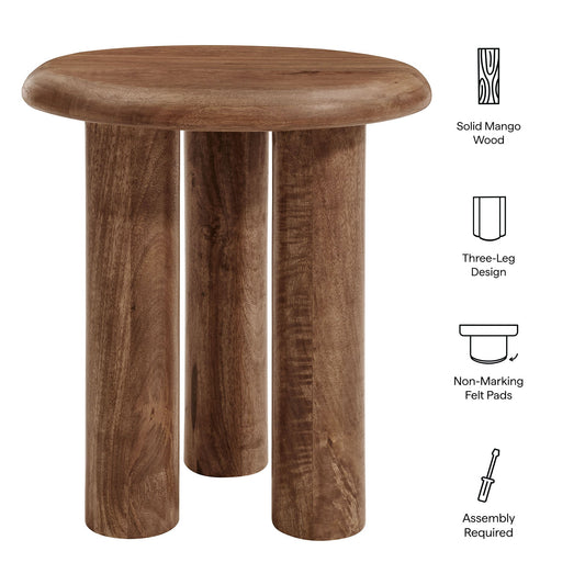 Three-leg mango wood side table with felt pads; assembly required