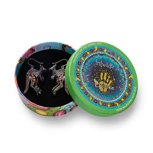 Round green and pink tin with kangaroo artwork and label