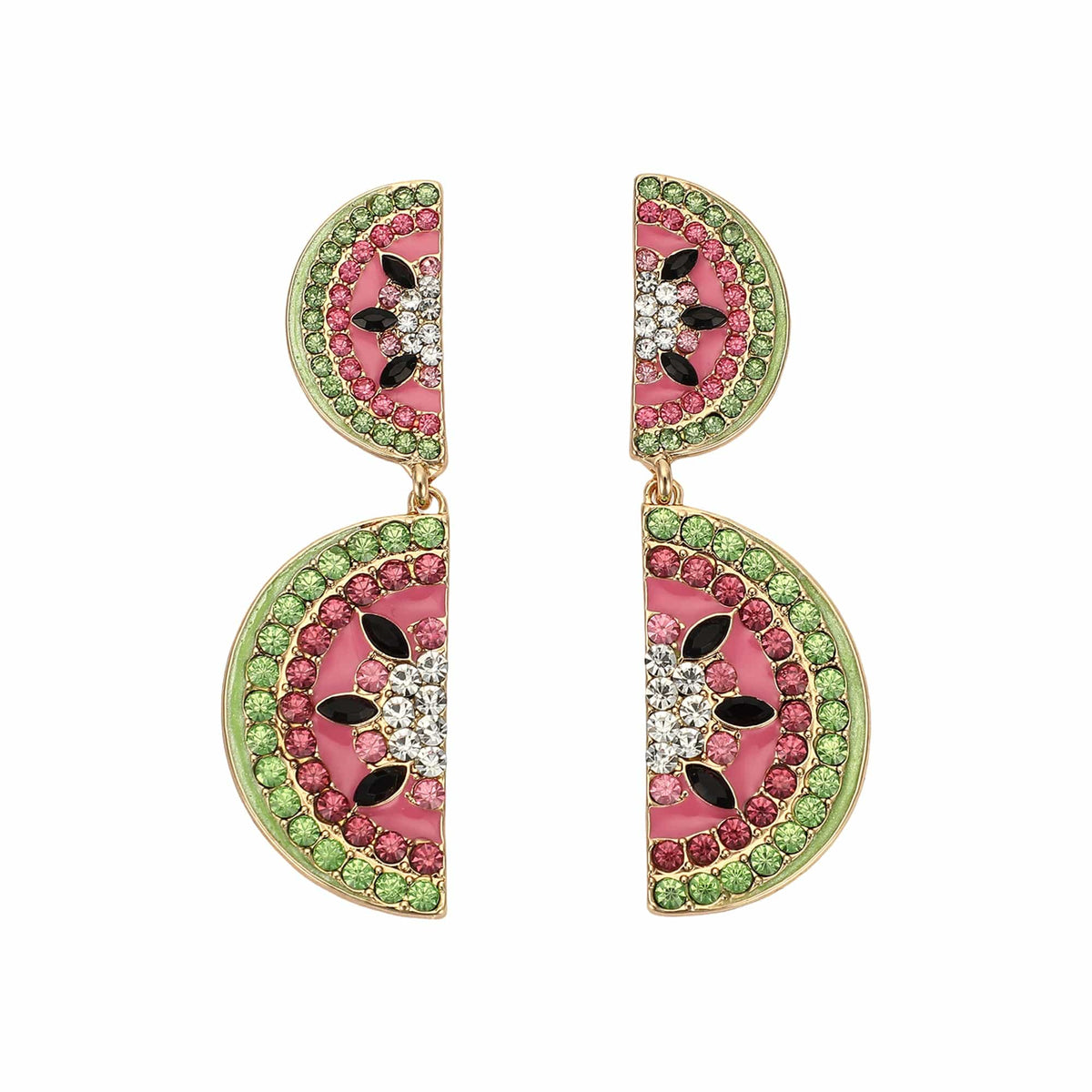 Watermelon rhinestone drop earrings, gold-tone with green and pink curved stones