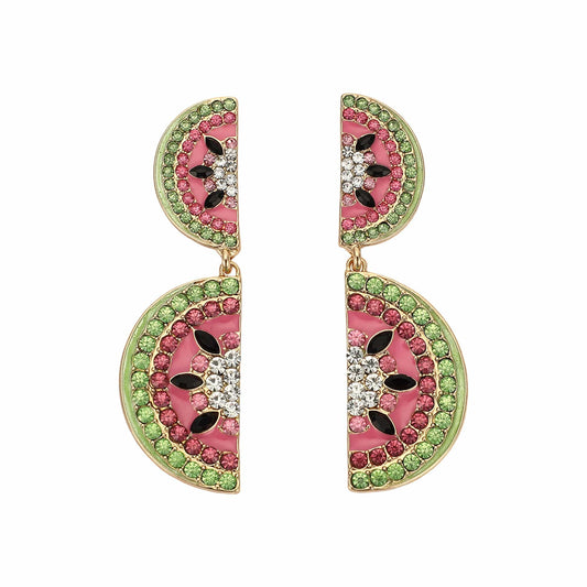 Watermelon rhinestone drop earrings, gold-tone with green and pink curved stones