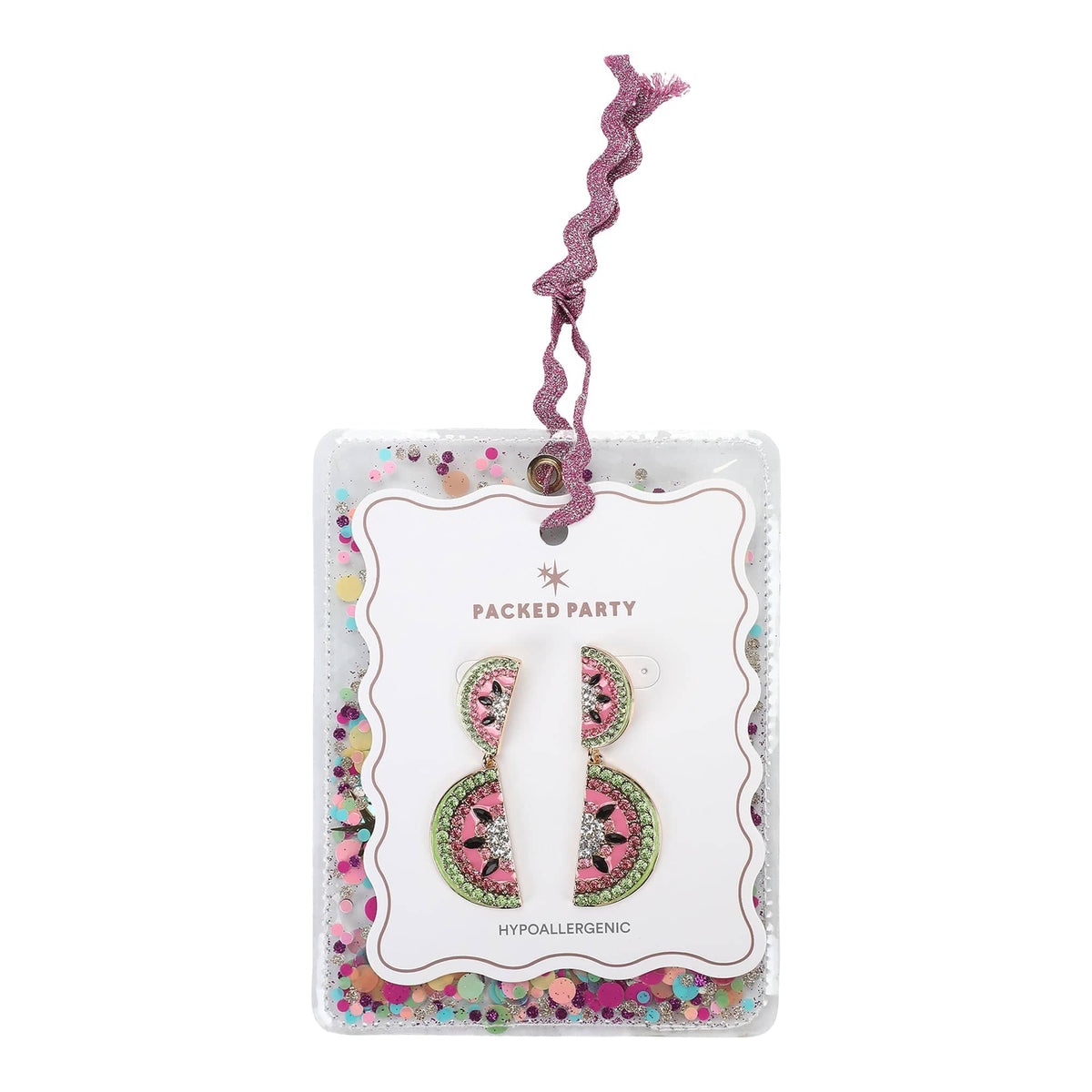 Carded watermelon rhinestone drop earrings with glittery pink and green stones